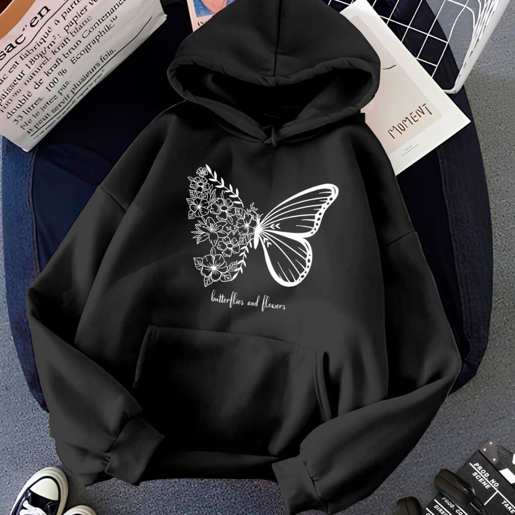 Moletom Blusa de Frio Butterflies and Flowers Bolso Canguru Cordão Capuz 5281