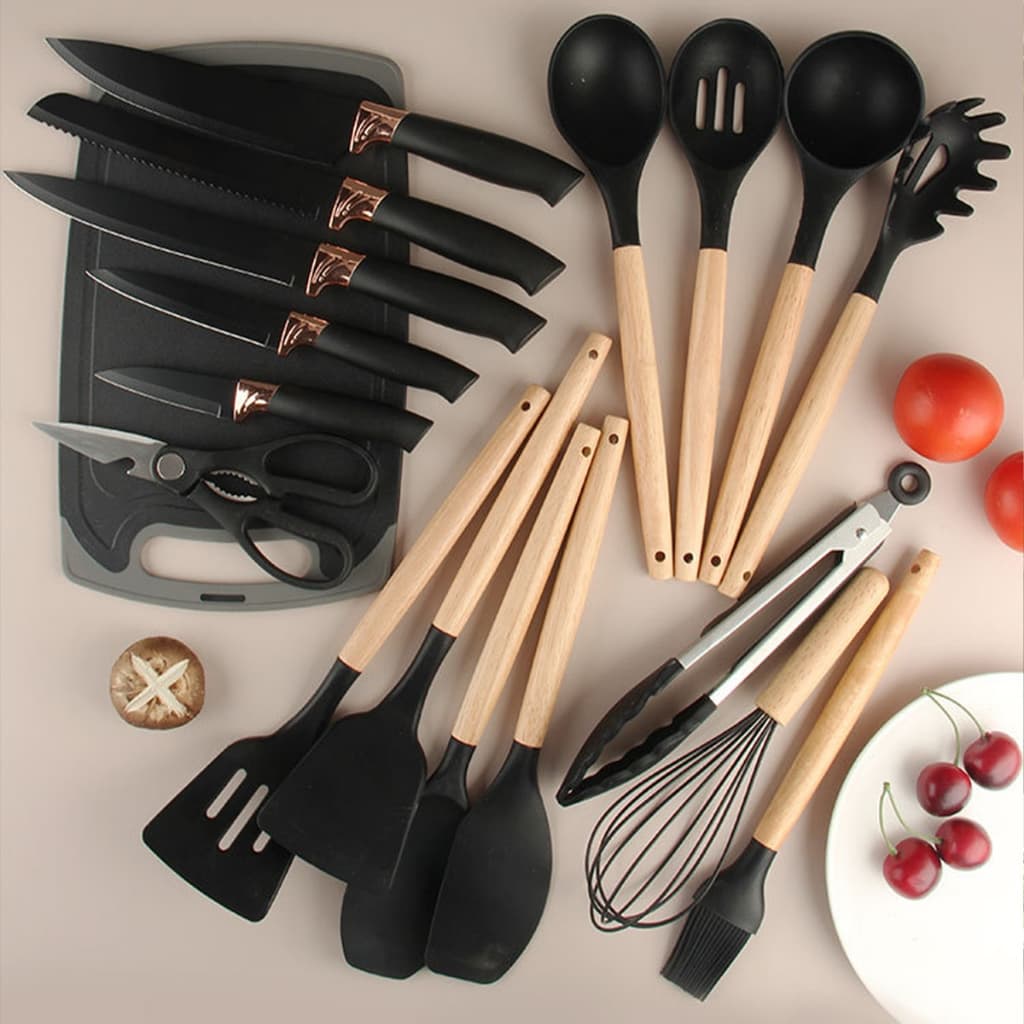 Kit Completo Jogo Utensílios de Cozinha 19 Peças Com Tábua em Silicone Espátula Faca Tesoura 2000GR