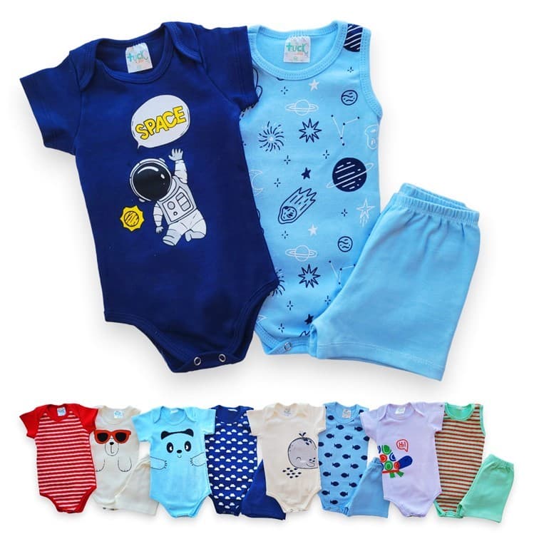 Body 3 peças Trijunto Verão Menino, Tam RN ao GG Body Manga curta, Body regata e bermudinha. Recém nascido Roupa de Bebe