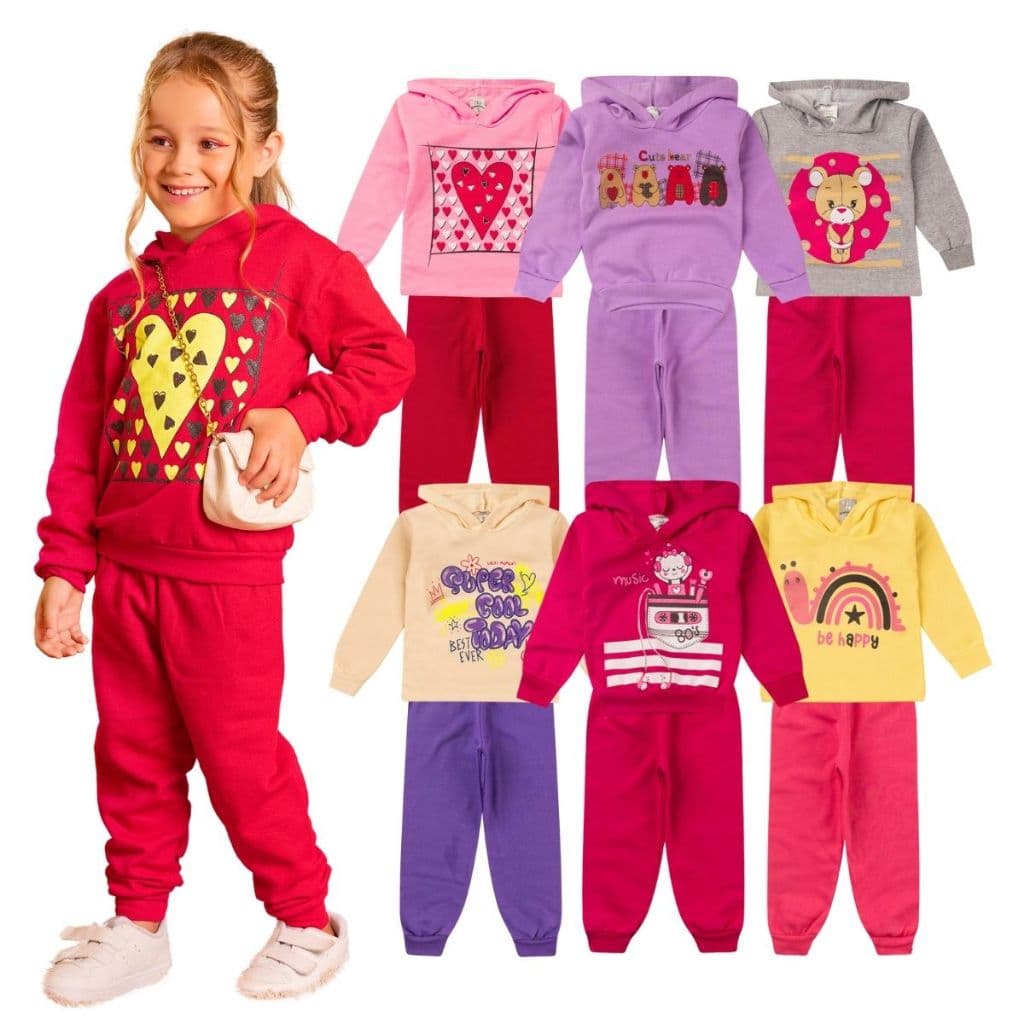 Kit 4 Peças Conjunto Moletom Infantil Menina 1 ao 16 Feminino Inverno com Capuz
