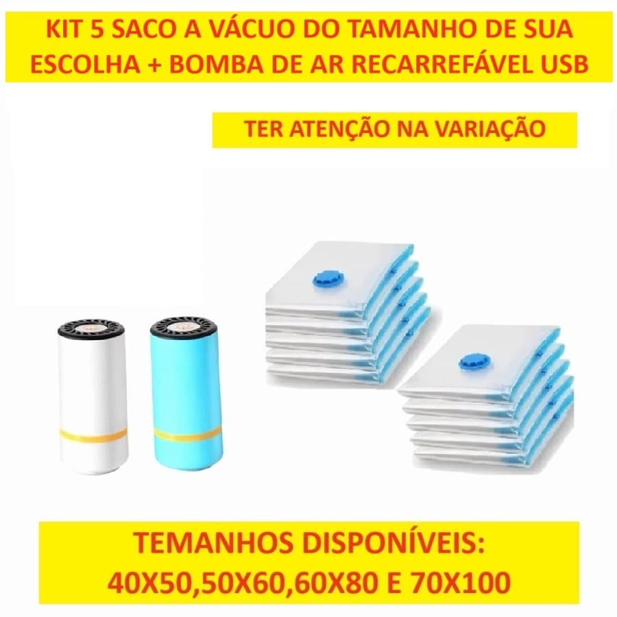 KIT 5 Saco A Vácuo E Bomba 110V De Ar Elétrica Ou USB 60x80 70x100 40X50 50x60 Para Armazenar E Guarda De Maneira Mais
