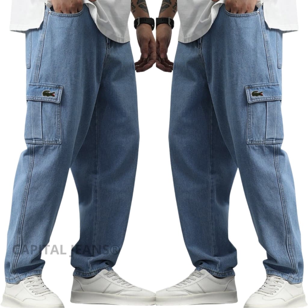 Calça Masculina e Feminina Cargo Jeans Skate Modelo Stretwear Moda Casual Larga Com 6 Bolso Baggy c/ Cordão Calsa Cargo