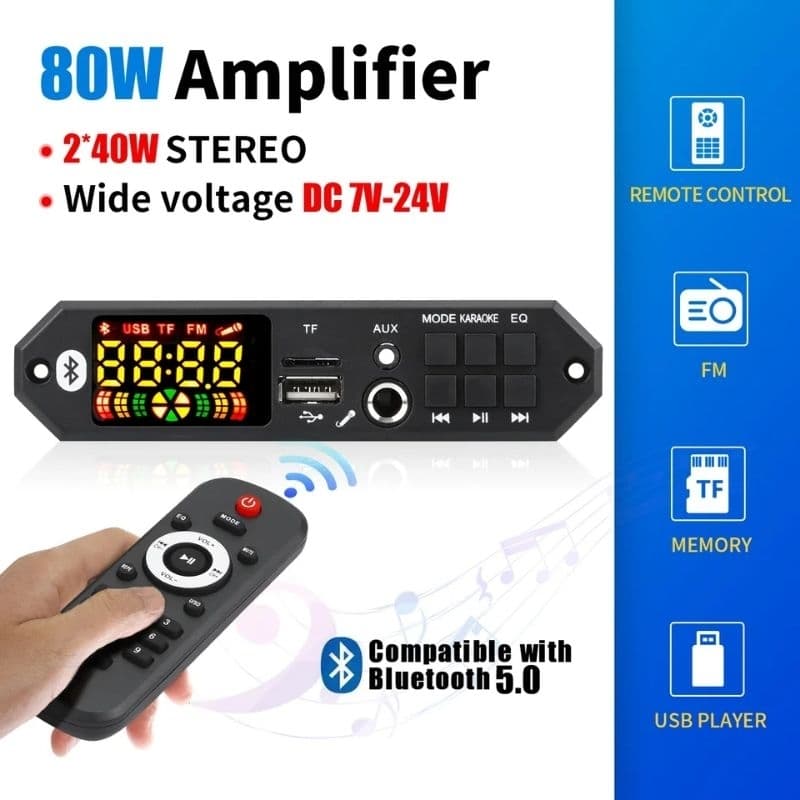 Placa Decodificadora MP3 Mãos Livres  Amplificador De 80W Bluetooth 5.0 MP3 Player 12V 24V Modulo De Rádio FM Carro
