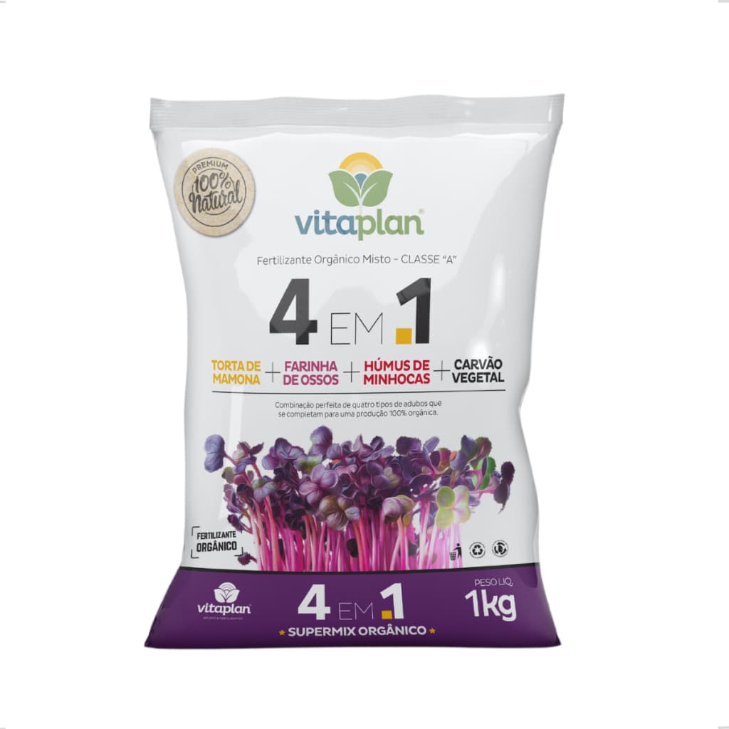Adubo Fertilizante 4 em 1 Torta Mamona Farinha Ossos Humus de Minhoca e Carvão Vegetal 1Kg Nutriplan