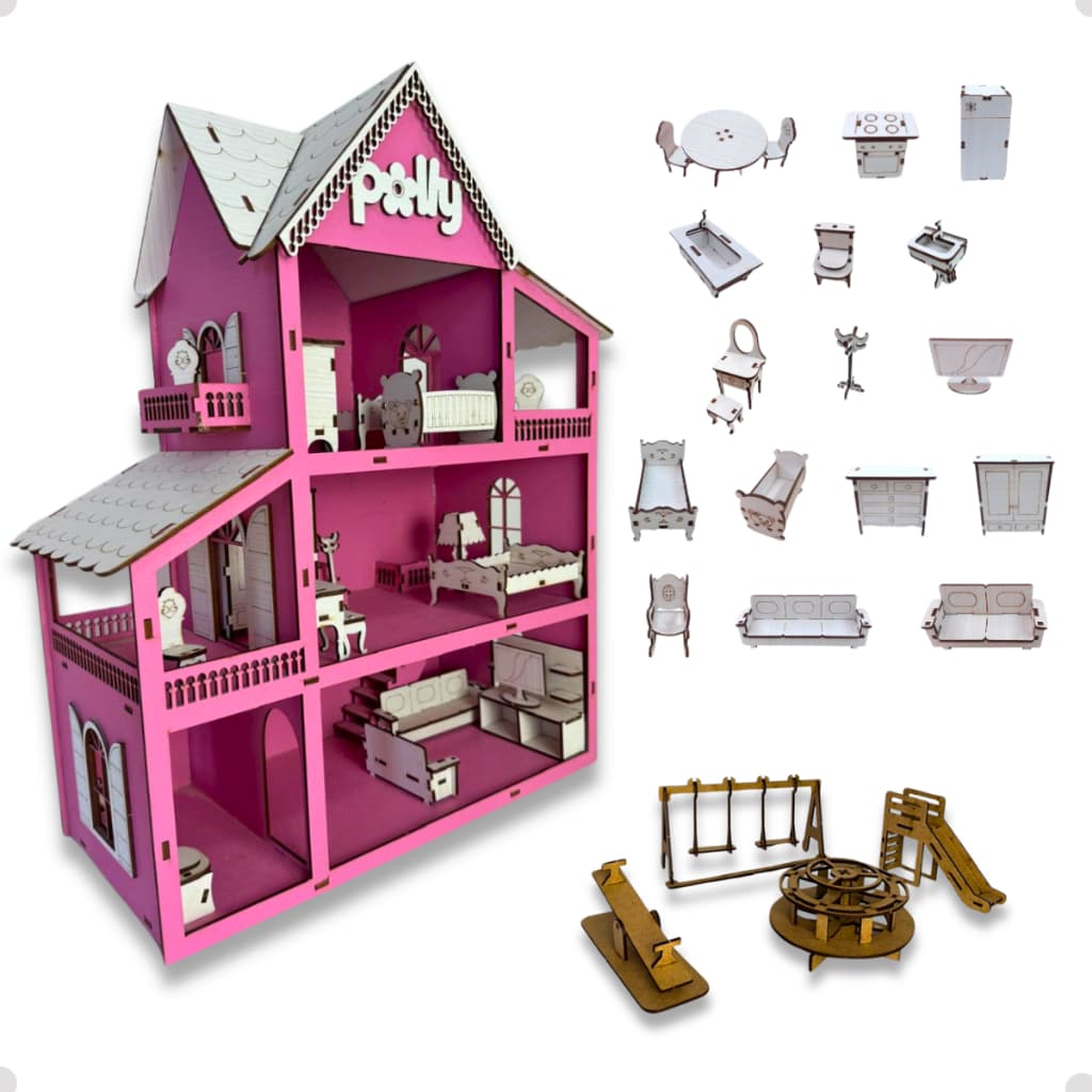 Casa Casinha de Boneca + Kit 19 Moveis acompanha Parquinhos Brinquedos Infantil em Mdf