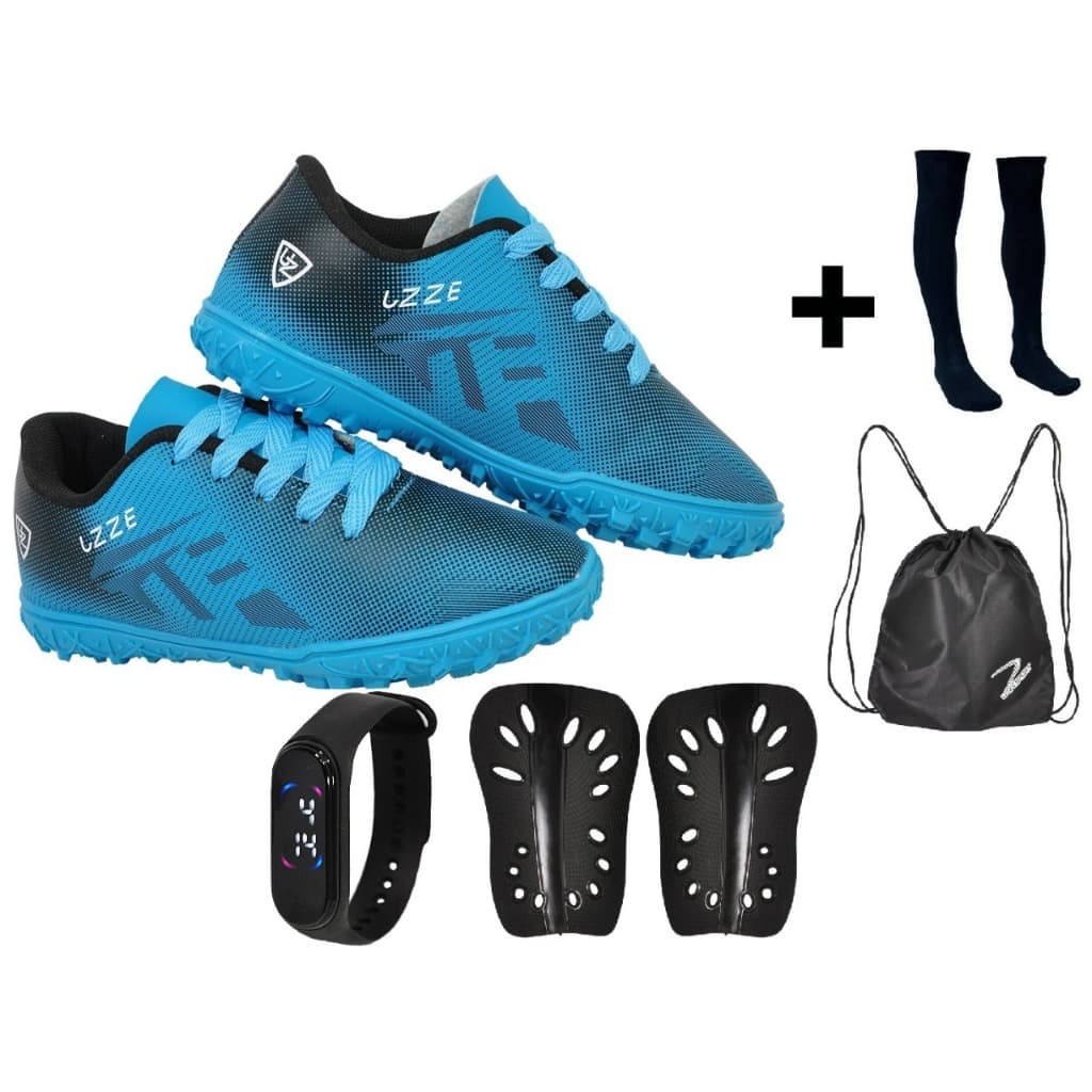 Chuteira Society Nova Infantil Meião Relógio Caneleira Mochila UZ