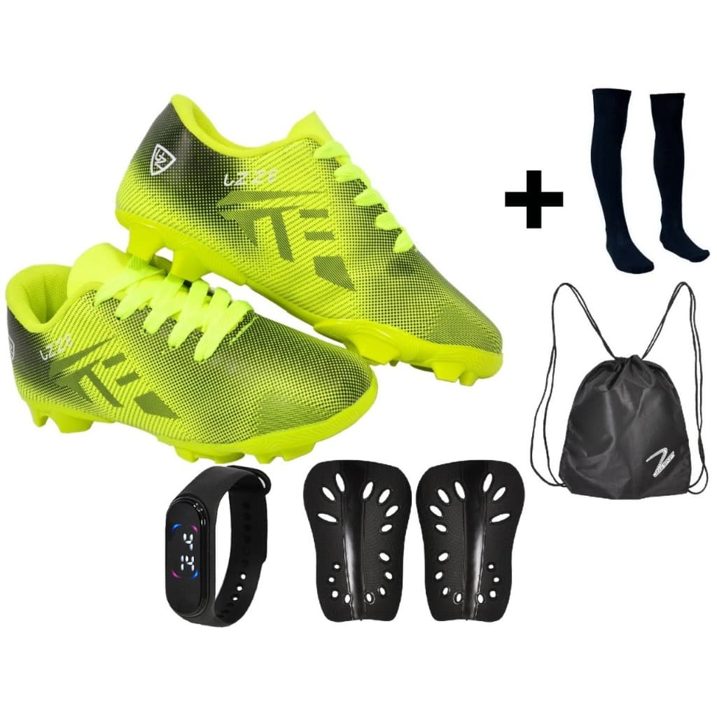 Chuteira Campo Infantil Nova Meião Relógio Caneleira Mochila UZ