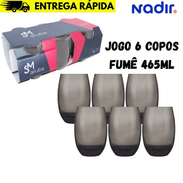Jogo De Copos De Vidro Com 6 peças Fumê 465ml - Aruba Nadir