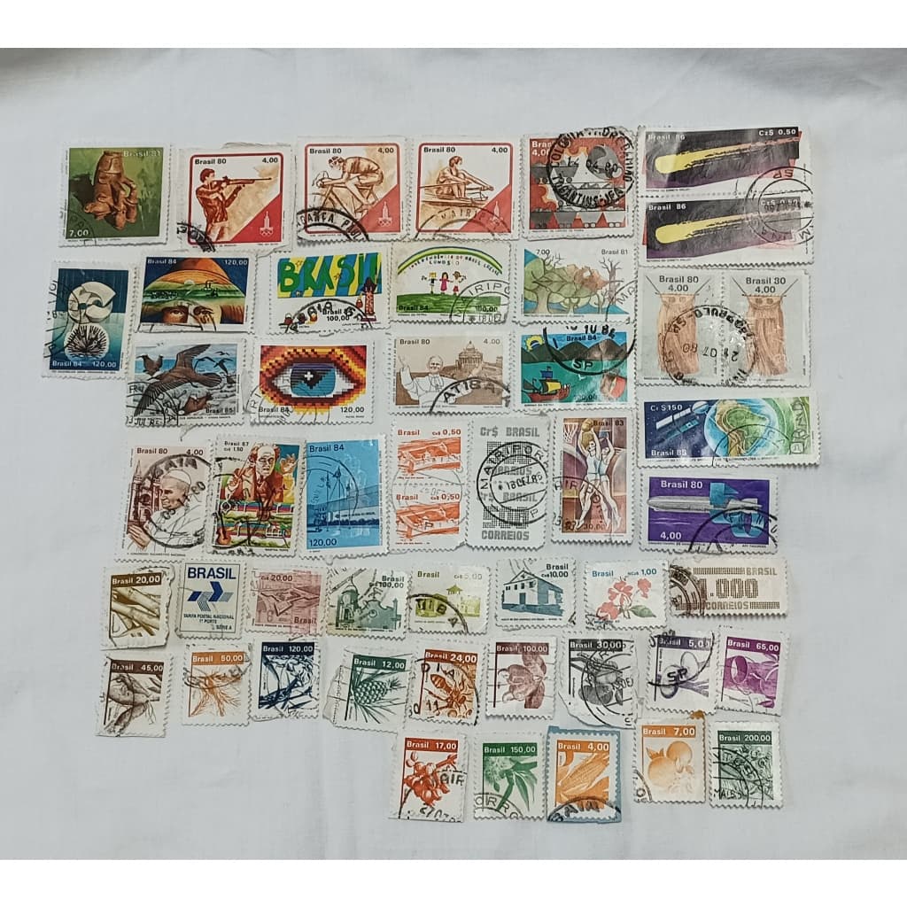 Lote de Selos – 50 Selos Filatelia do Brasil de 1980 à 1989 - Carimbado