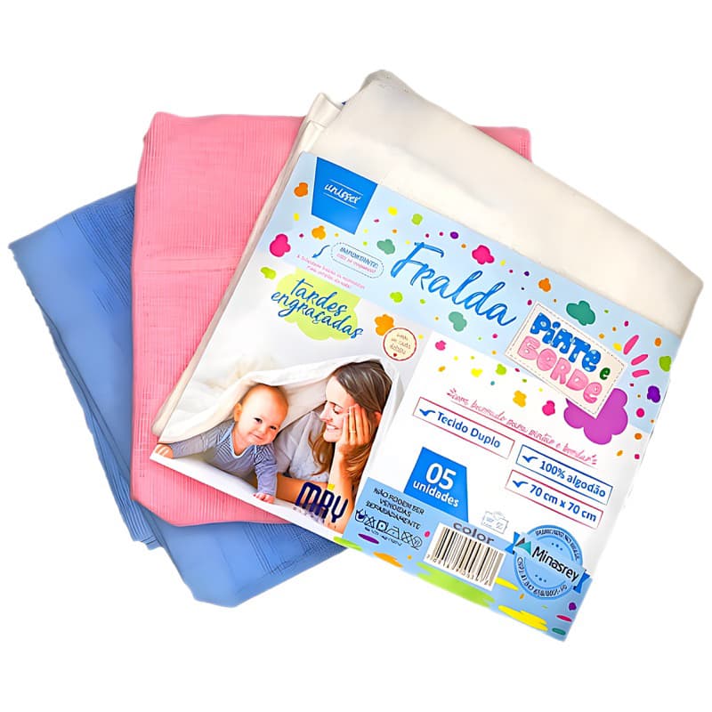 Fralda de tecido PINTE e BORDE - Minasrey - pacote c/ 5 unidades - tecido duplo - 70 x 70 cm