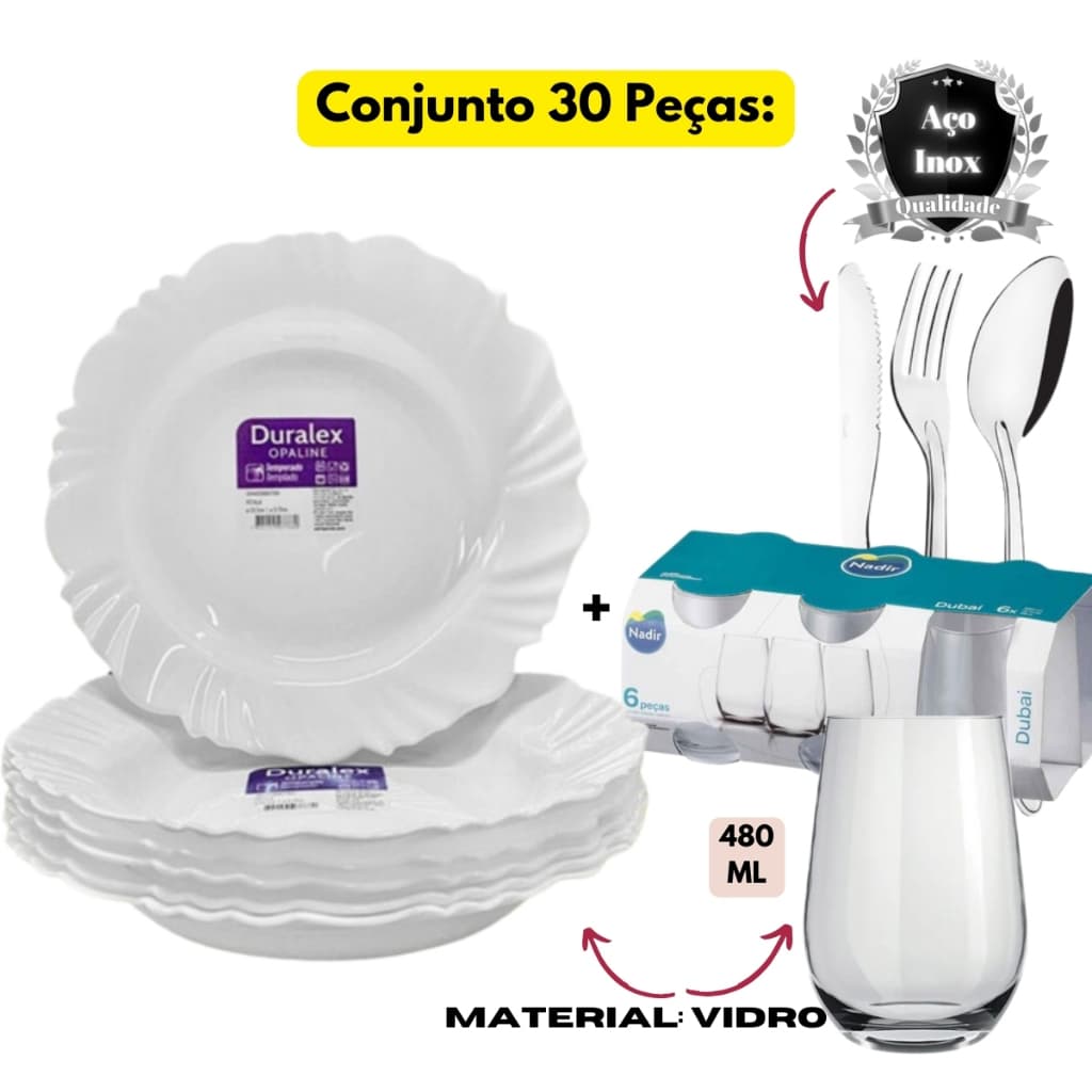 Conjunto Jantar 30 Peças 06 Pratos Fundo+06 Copos Vidro+18 Talheres Inox Pétala Vidro Branco Duralex
