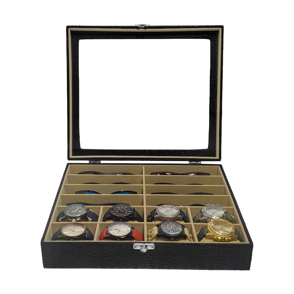 Estojo Para 8 Óculos E 8 Relógios Preto Com Interno Aveludado Bege Com Tampa De Vidro