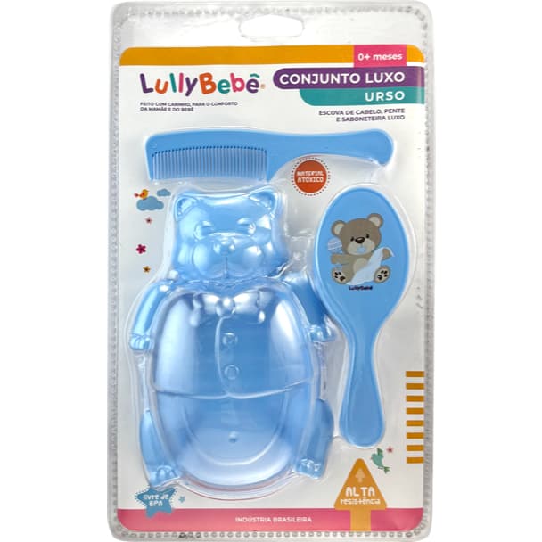 Kit banho infantil 3 peças com pente, escova e saboneteira bichinho com cores e formatos a escolha