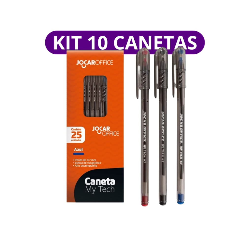 Kit 10 Caneta Esferográfica Azul Preto Vermelho My Tech 0.7mm - Jocar Office