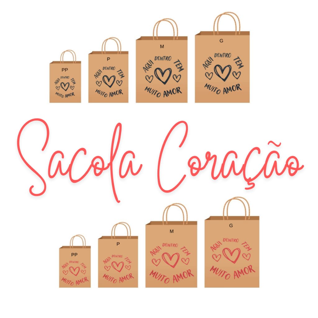 10 Sacola de Papel Kraft Coração Tamanho PP P M G Bolsa