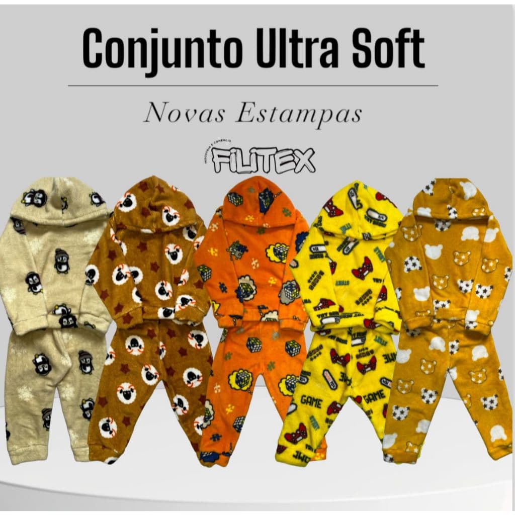Kit COM 3 OU 5 conjuntos Bebê e Infantil de Fleece Premium Peluciado Ultrasoft Capuz Fem e Masc Inverno Pijama 1 ao 8