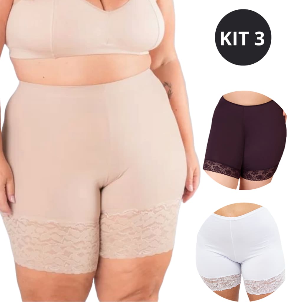 Kit de 3 Short Anágua Segunda Pele Plus Size Evita Assadura nas Pernas Bermuda Plus de Renda