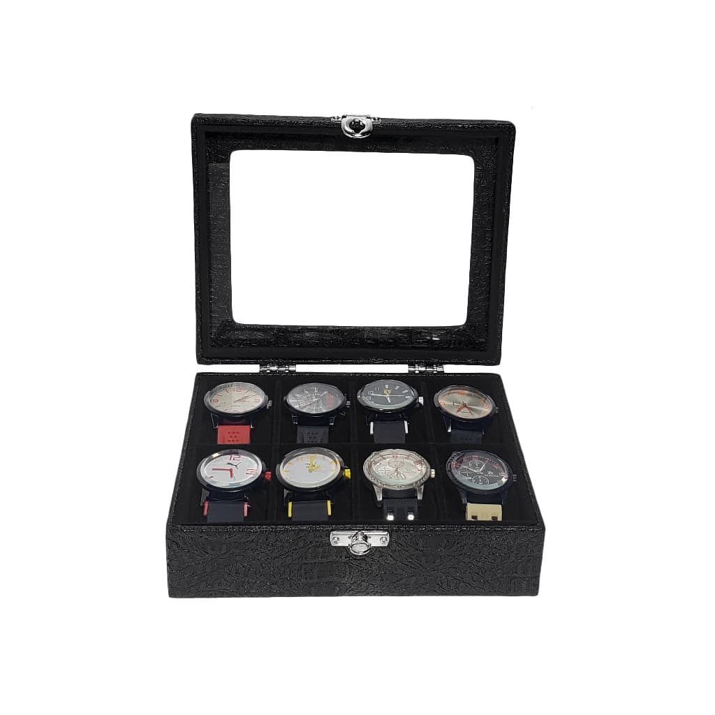 Caixa Maleta Estojo Para 8 Relógios Com Vidro Preto Com Interno Aveludado Preto