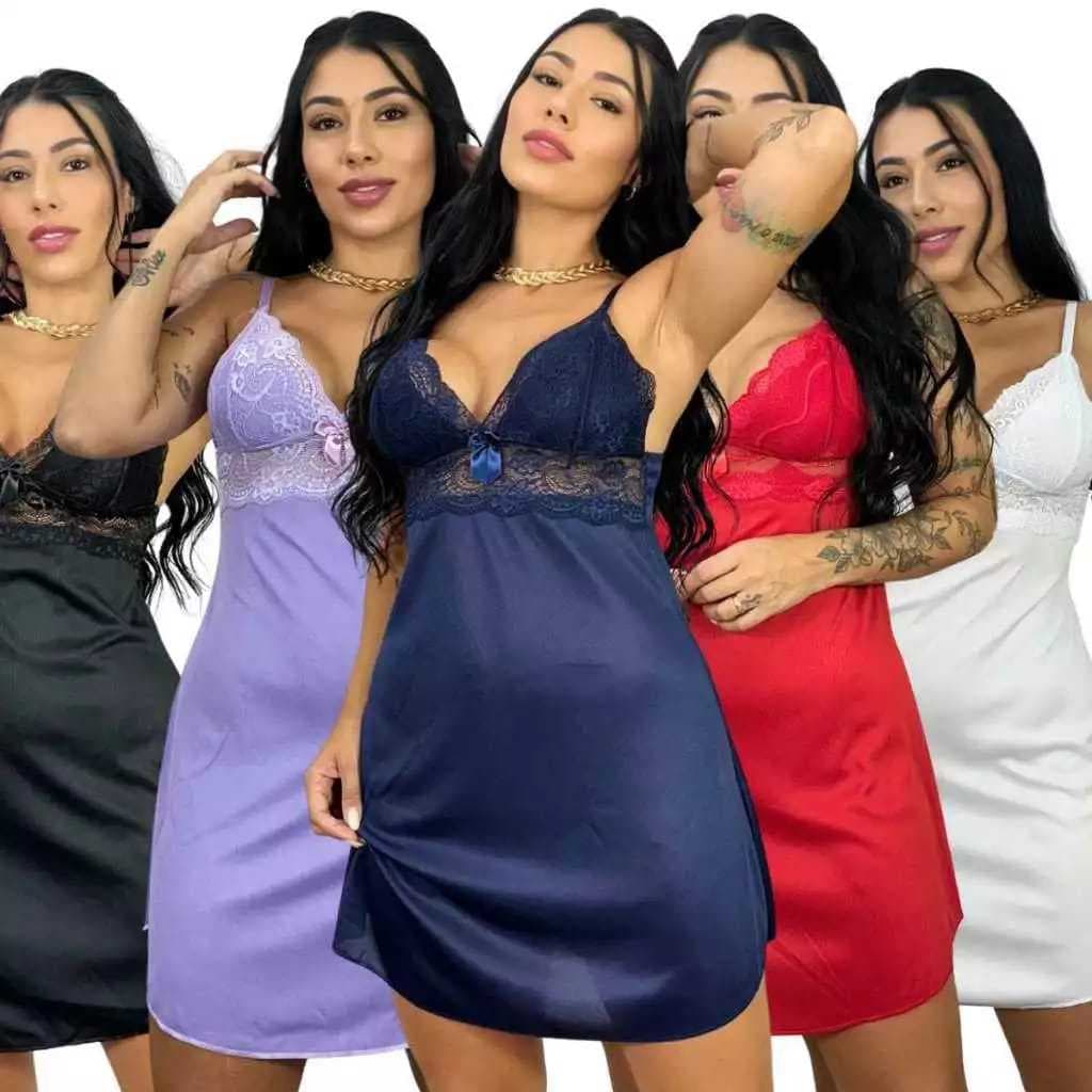 Kit 5 Camisola Feminina Renda sem Bojo Linha Noite Lingerie Romantic Moda Intima Dormir Alça