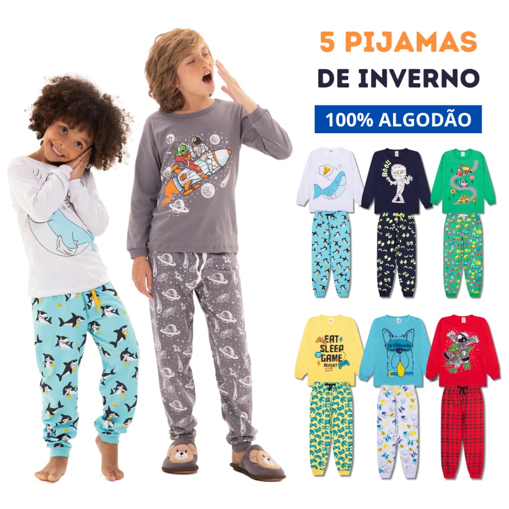 Kit Sortido 10 Peças Pijama Infantil Menino Manga Longa (5 Camisetas + 5 Calças) Tamanho 1 ao 10