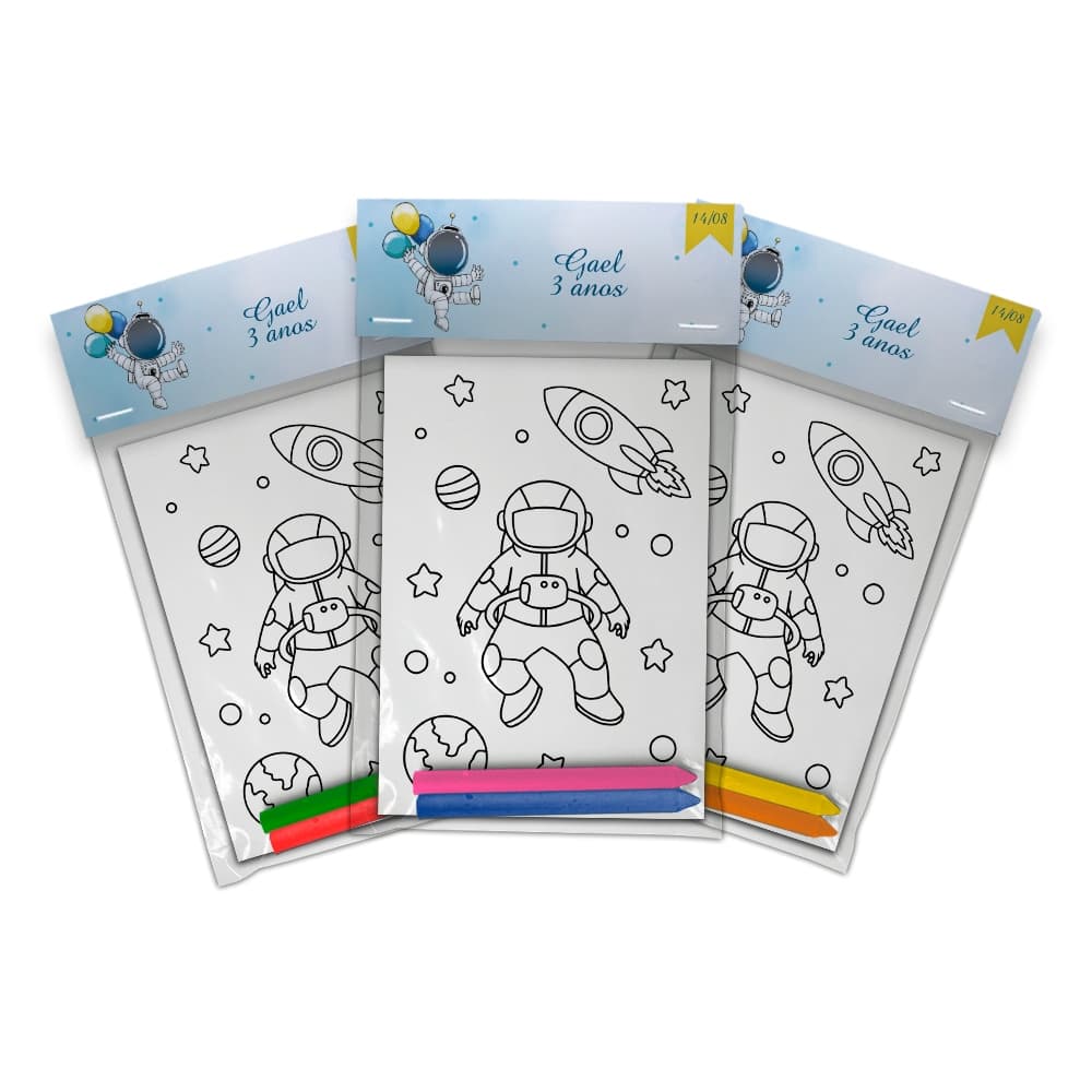 Unidades Personalizável De Kit Colorir + 2 Giz Festa Infantil Comemoração Tema Astronauta Azul Claro