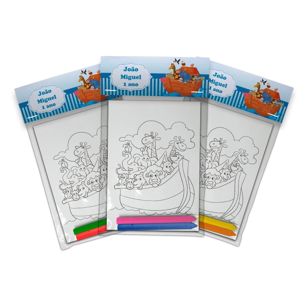 Unidades Personalizável De Kit Colorir + 2 Giz Festa Infantil Comemoração Tema Arca De Noé