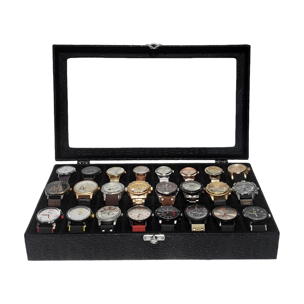 Estojo Para 24 Relógios Preto Com Interno Aveludado Preto