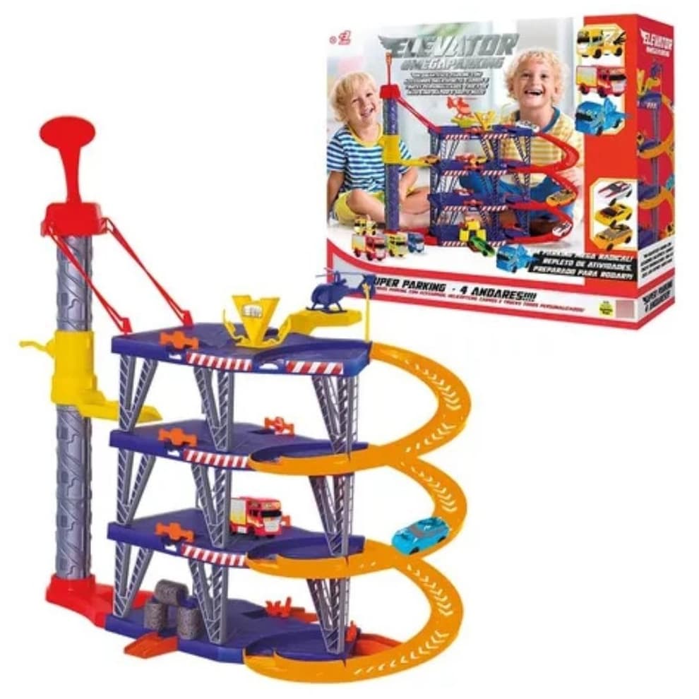 Brinquedo Elevador Pista Radical Com Carrinho e Helicóptero- Posto Lava Rápido- Samba Toys -