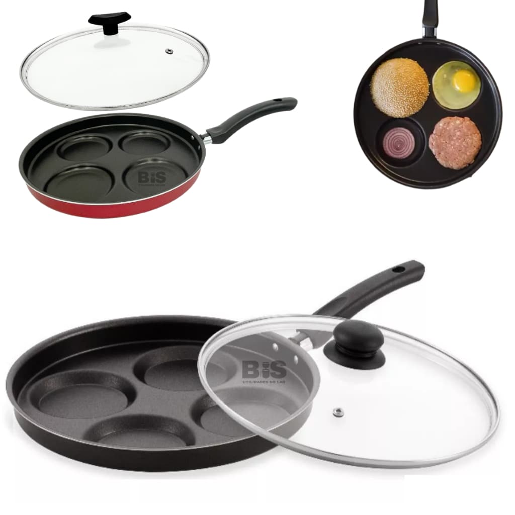 Frigideira Antiaderente Multiuso Tampa Vidro 4 Divisórias Ovos Panqueca Hamburguer Preta ou Vermelha