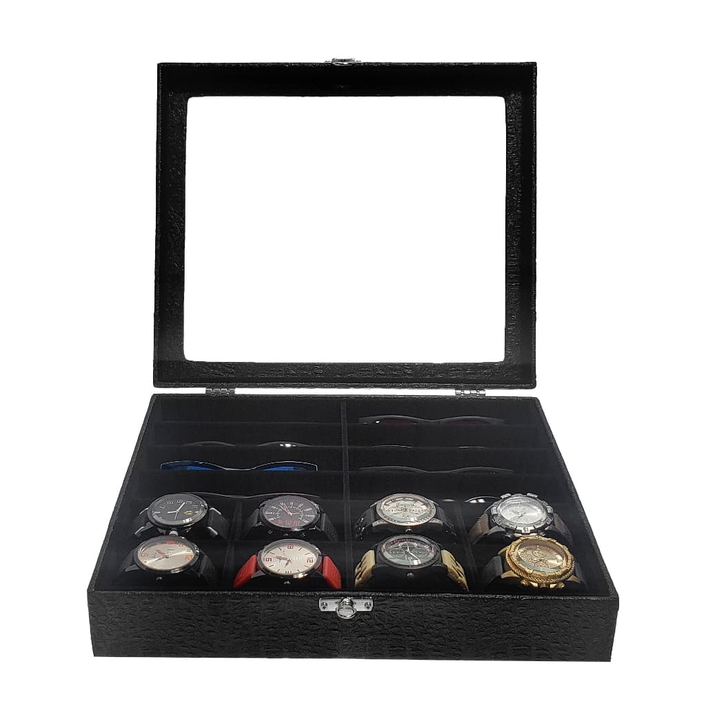 Caixa Maleta Estojo 8 Óculos E 8 Relógios Com Tampa de Vidro Interno Preto Aveludado