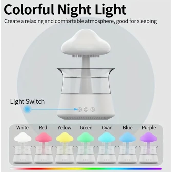 Umidificador Difusor De Aroma De design Nuvem e Chuva 7 Cores Luz Noturna Doméstica