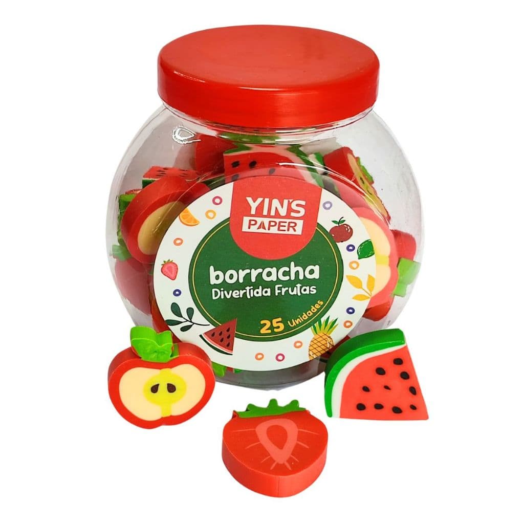 Pote com 25 Borrachas Frutas Fofas Melancia Maçã e Morango