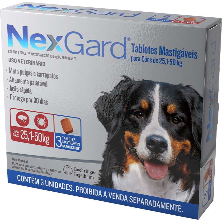 Antipulgas e Carrapatos NexGard 136 mg para Cães de 25,1 a 50 Kg Caixa Com 3 Tabletes