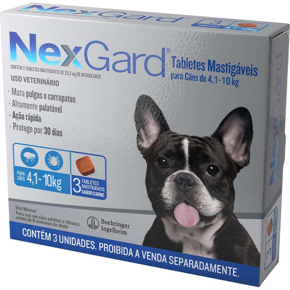 Antipulgas e Carrapatos NexGard 28,3 mg para Cães de 4,1 a 10 Kg Caixa Com 3 Tabletes