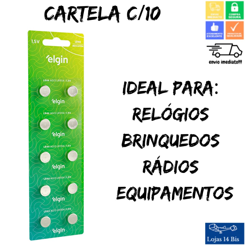 10 Pilha Bateria LR44 AG13 LR1154 1 Cartela c/ 10 Baterias Energy Elgin