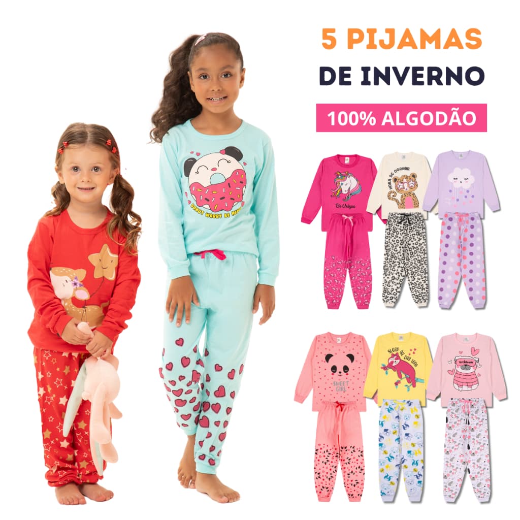 Kit Sortido 10 Peças Pijama Infantil Menina Manga Longa (5 Camisetas + 5 Calças) Tamanho 1 ao 10