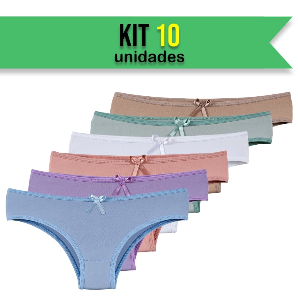Kit 10 Calcinhas Infantil/Juvenil Lisa Feminina Colorida Forro Algodão Menina Moça Cores Variadas