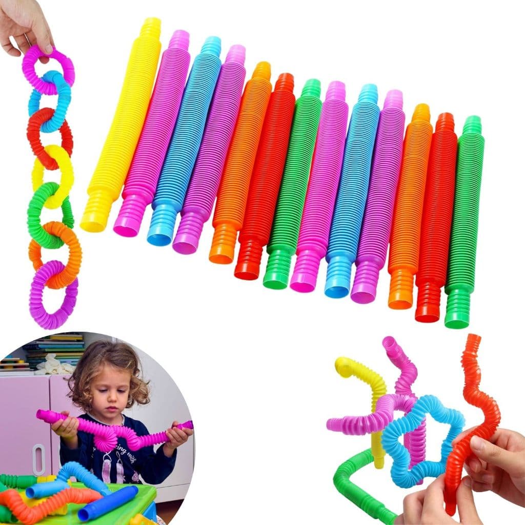 Kit 12/24 Poptube Fidget Toys Pop It Tubo Colorido Estica e Volta Sensorial Descompressão Anti Stres