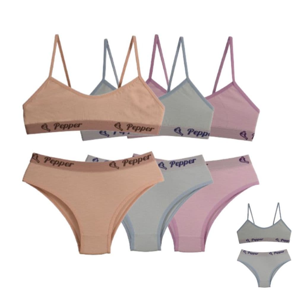 Kit 3 Conjuntos Juvenil Pré Adolescente Lisos Calcinha e Sutiã  Algodão Cotton 8% - PEPPER LINGERIE