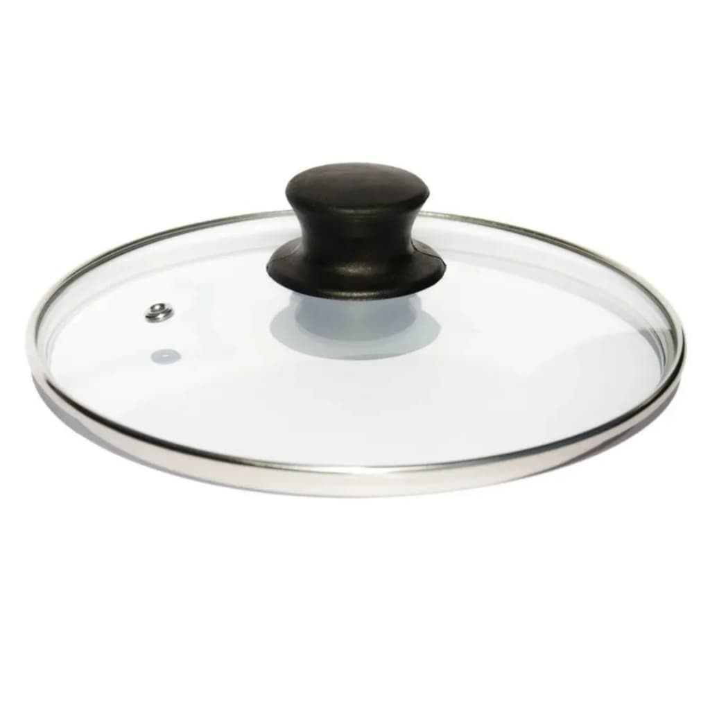Tampa de Vidro Temperado 24 cm com Borda de Aço Inox e Pomel com Saida para Vapor Preto