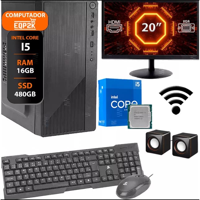 Computador Intel I5 Ssd 480gb 16gb Memória Ram Monitor 20 Fonte 500w