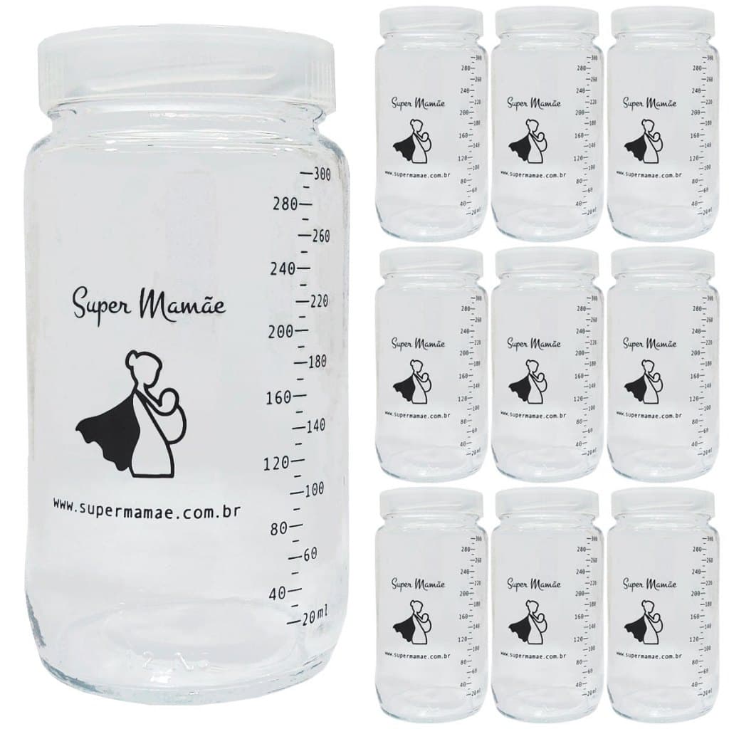 Potes Vidro para Armazenar Leite Materno Graduados 300ml Com Tampas de Plástico - 10 Unidades
