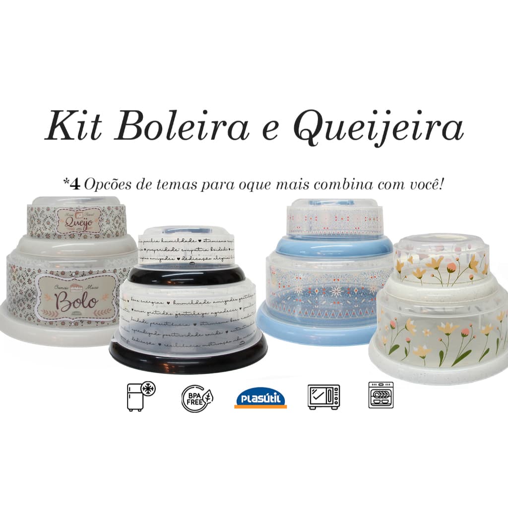 Kit boleira + queijera - plástico com alças fechamento em rosca várias estampas - qualidade Plasútil