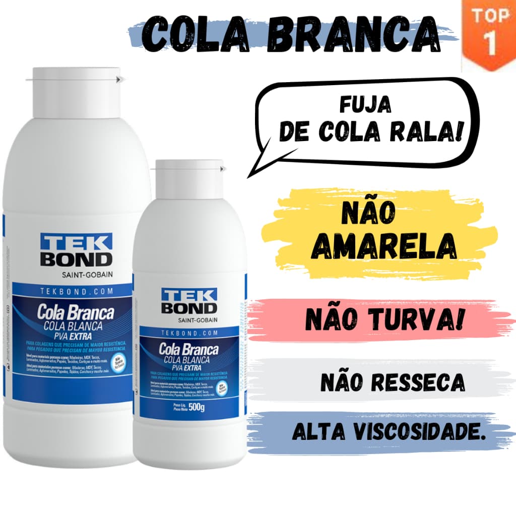 Cola Branca PVA Extra Tekbond 500g/1kg Artesanato, Marcenaria, laminados, papel e papelão