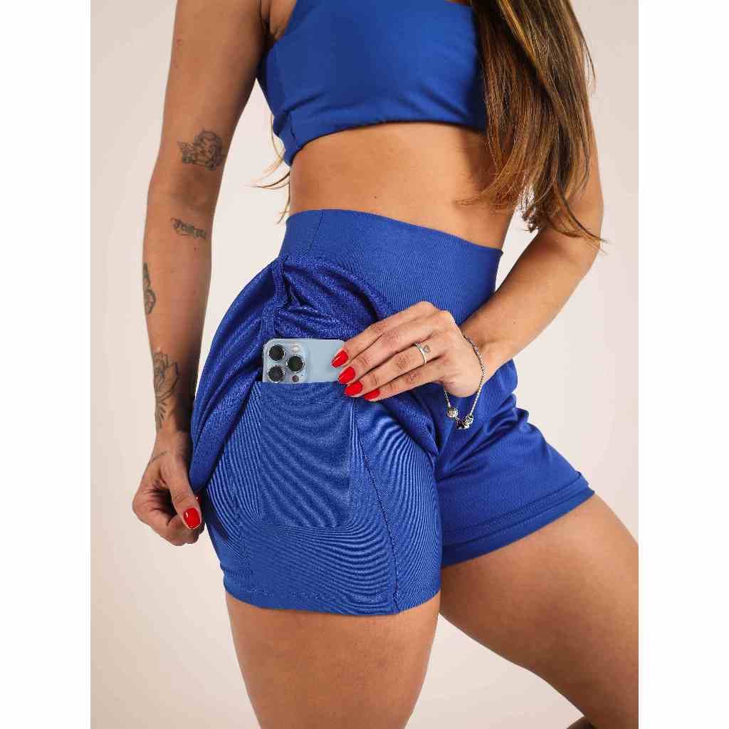 Short Duplo De Corrida Fitness Beach Tennis Dryfit Suplex Com Bolso Interno