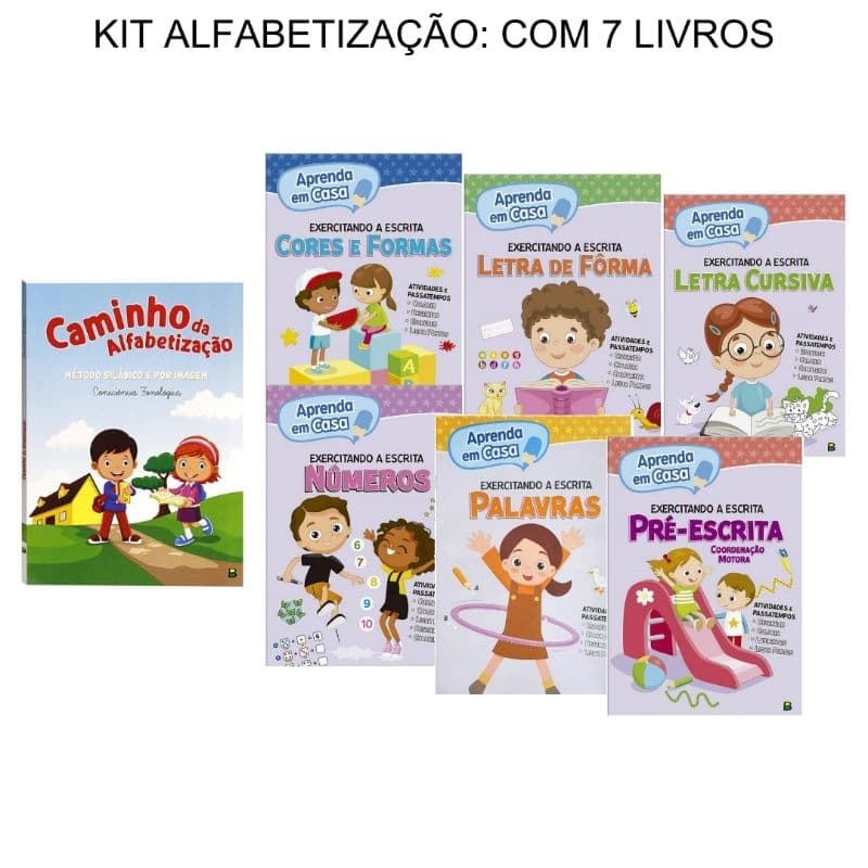 Kit com 7 livros:Caminho da alfabetização+Coleção com 6 livros Aprenda em Casa exercitando a escrita