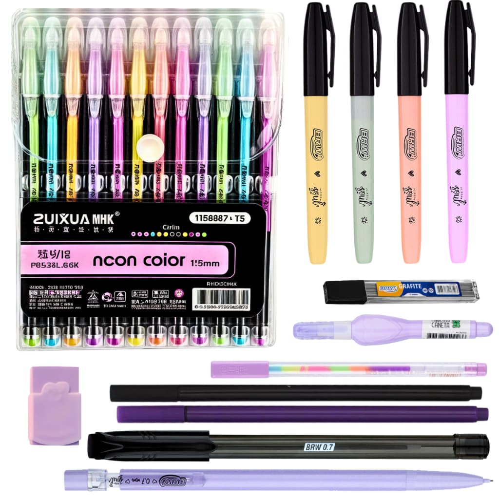 Kit Escolar Cores Pastel 24 Itens Canetas Coloridas Marca-texto Lapiseira Grafite Corretivo Borracha
