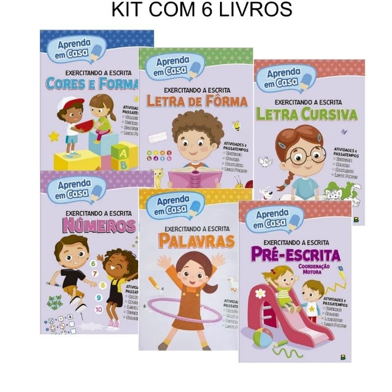 Kit  6 livros Exercitando a escrita alfabetização reforço escolar letra bastão letra cursiva números