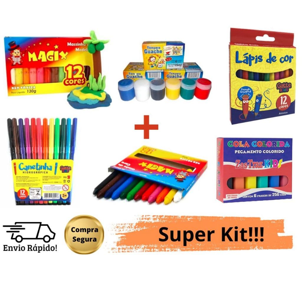 Material Escolar Kit Canetinha 12 cor Massinha 12 cores Giz 12 cor Tinta Guache 6 cor Cola Colorida 6 cores Lápis 12 Cor