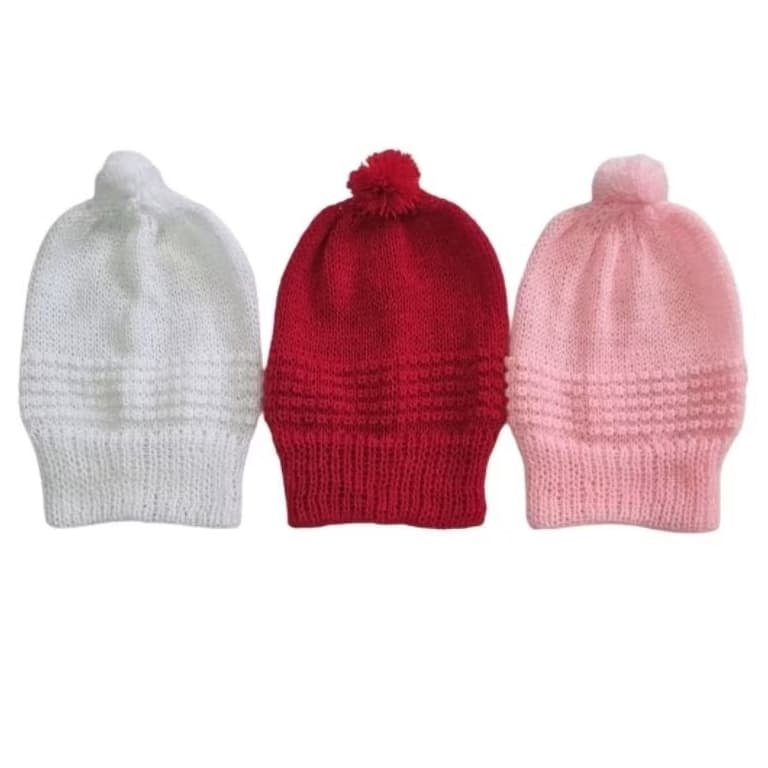 Kit 3 toucas de lã pra bebê feminino(Branco, Vermelho, Rosa)